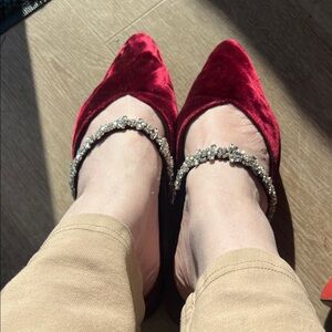 Birdies wine velvet flat with crystal strap.  Size 8.5